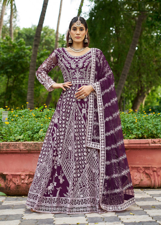 Monjolika Fashion Dark Purple Embroidered Net Designer Anarkali Gown