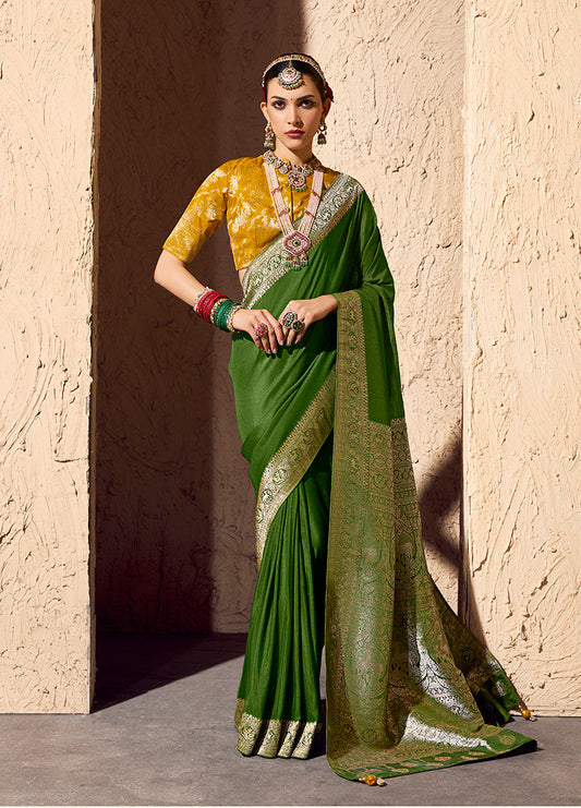 Monjolika Fashion Green Crepe Georgette Zari Weaving Work Saree