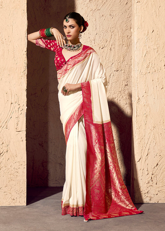 Monjolika Fashion Off White Crepe Georgette Zari Weaving Work Saree