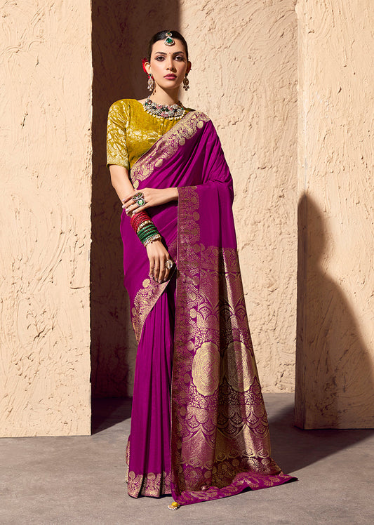 Monjolika Fashion Dark Magenta Crepe Georgette Zari Weaving Work Saree