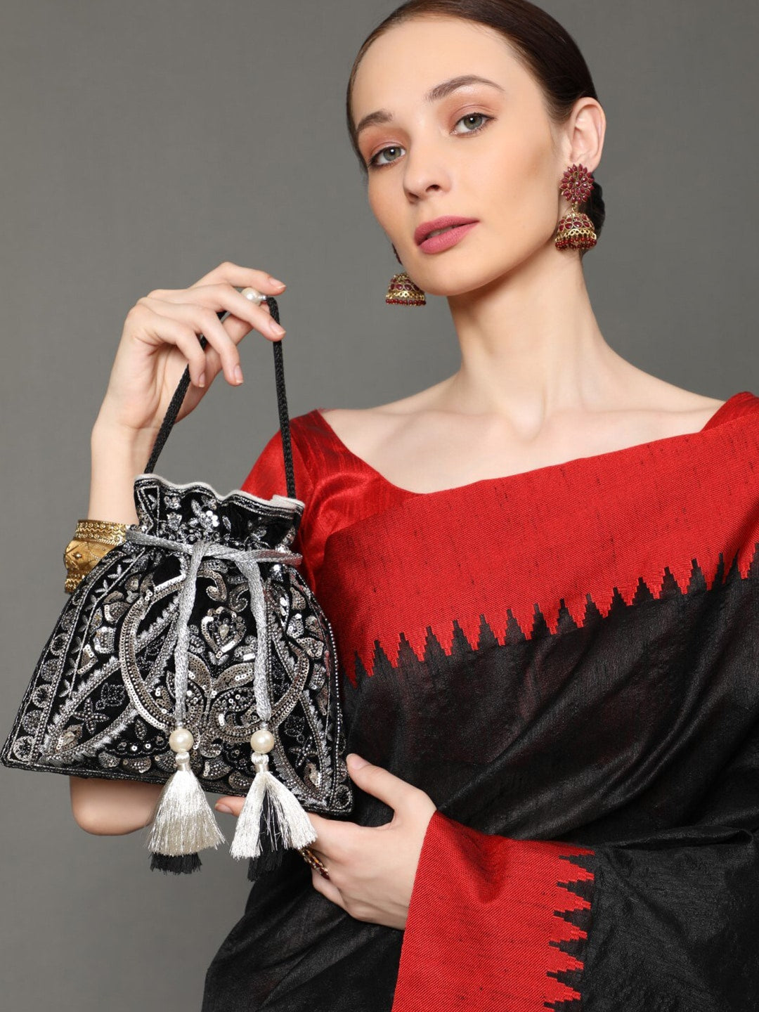 Masq Black & Silver-Toned Embellished Potli Clutch - Grab2buy