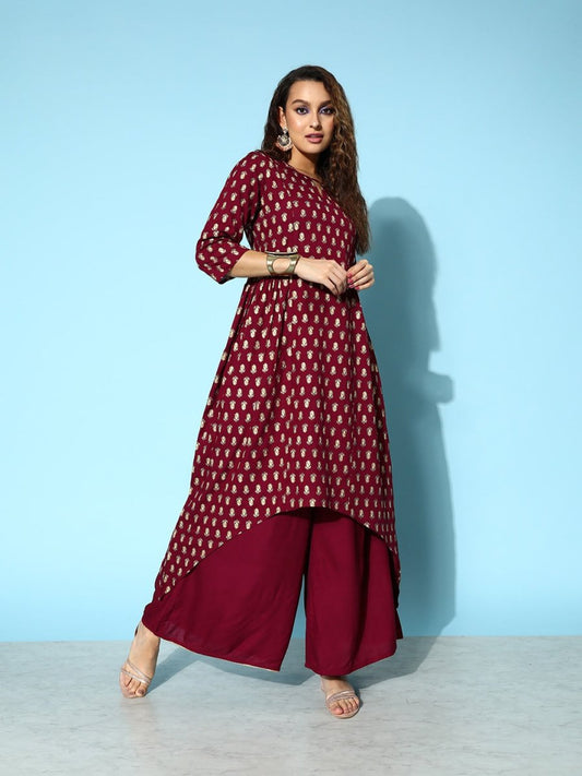 All About You Carmine Maroon Printed A-Line Veere Di Wedding Kurta with Palazzos