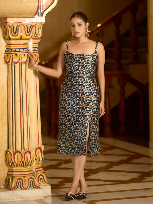 Monjolika Fashion Black Floral Weaving Zari Jacquard Bodycon Midi Dress With Slit Cut