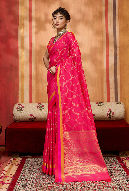 Monjolika Fashion Rani Pink Weaving Satin Silk Blend Festival Trendy Saree