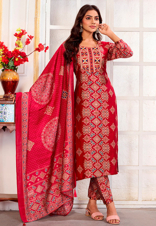 Monjolika Fashion Red Chanderi Embroidered Work Party Pant Style Suit