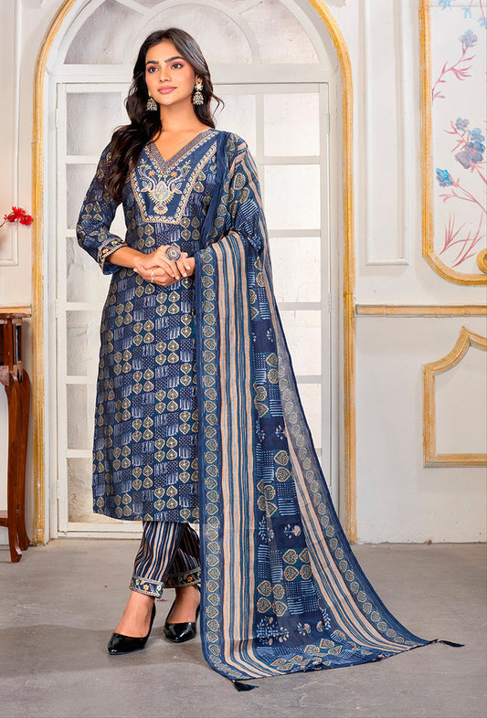 Monjolika Fashion Blue Chanderi Embroidered Work Party Pant Style Suit