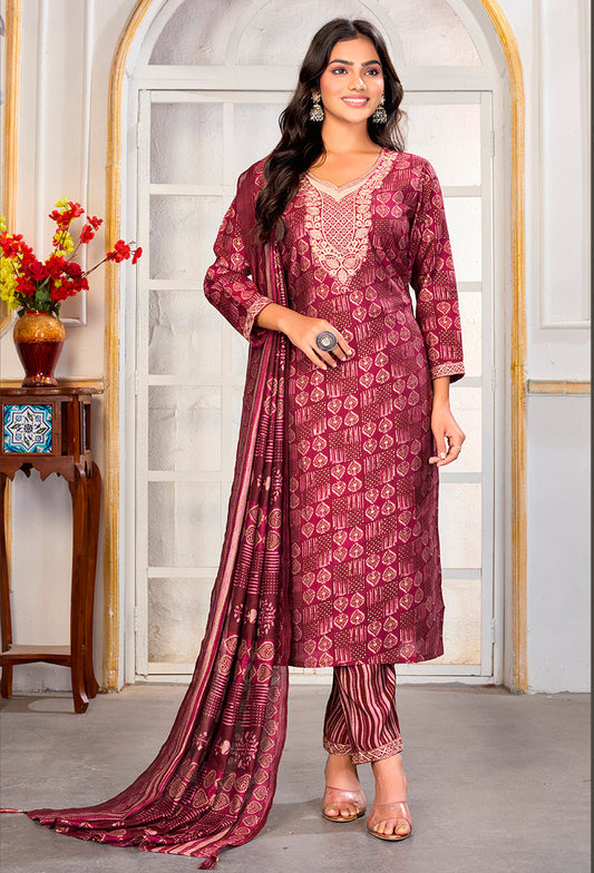 Monjolika Fashion Crimson Chanderi Silk Embroidered Work Party Pant Style Suit