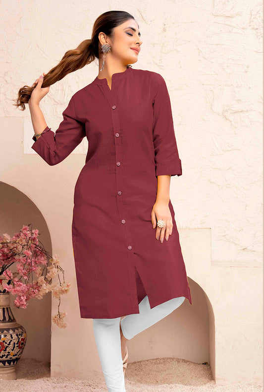 Monjolika Fashion Brown Color Cotton Casual Kurti With Pocket
