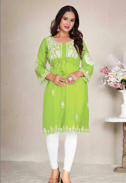 Monjolika Fashion Parrot Green Colour Embroidered Georgette Casual Kurti