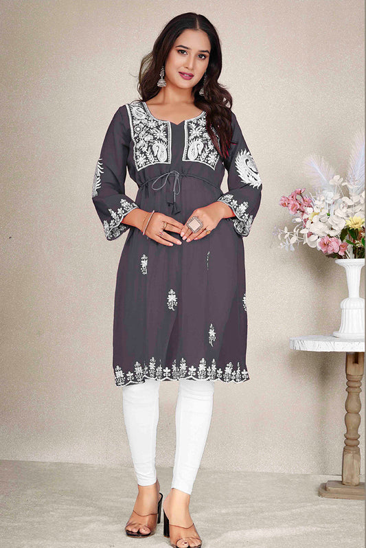 Monjolika Fashion Dark Grey Colour Embroidered Georgette Casual Kurti
