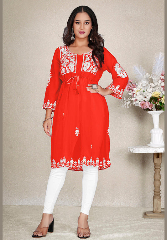 Monjolika Fashion Orange Colour Embroidered Georgette Casual Kurti