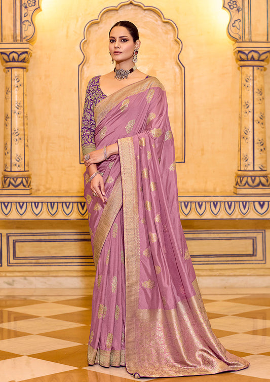 Monjolika Fashion Onion Pink Faux Crepe Silk with beautiful Zari Weaving Work Classic Saree