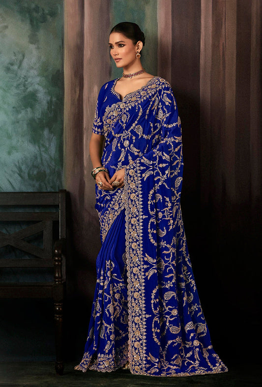 Monjolika Fashion Royal Blue Faux Crepe Embroidery Bridal Reception Festival Wedding Wear Heavy Border Saree