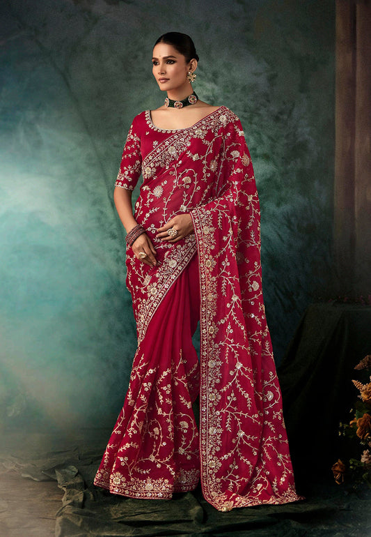 Monjolika Fashion Burgundy Faux Crepe Embroidery Bridal Reception Festival Wedding Wear Heavy Border Saree