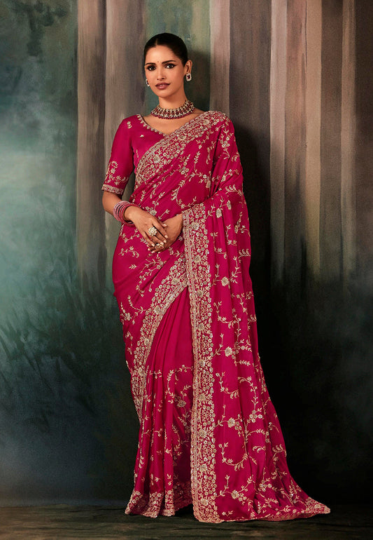 Monjolika Fashion Rani Pink Faux Satin Embroidery Bridal Reception Festival Wedding Wear Heavy Border Saree