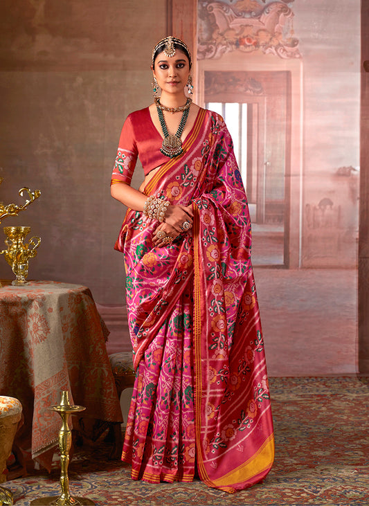 Monjolika Fashion Pink Silk Blend Patola Print Saree with Red Blouse