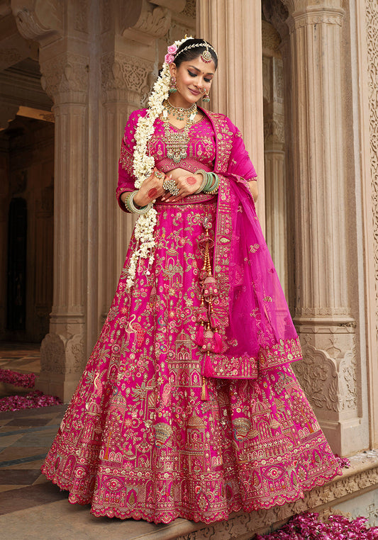 Monjolika Fashion Magenta Pink Khatli Embroidered Silk Blend Bridal Lehenga Choli