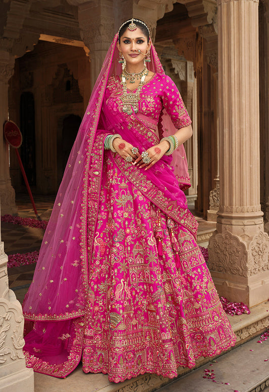 Monjolika Fashion Magenta Pink Khatli Embroidered Silk Blend Bridal Lehenga Choli