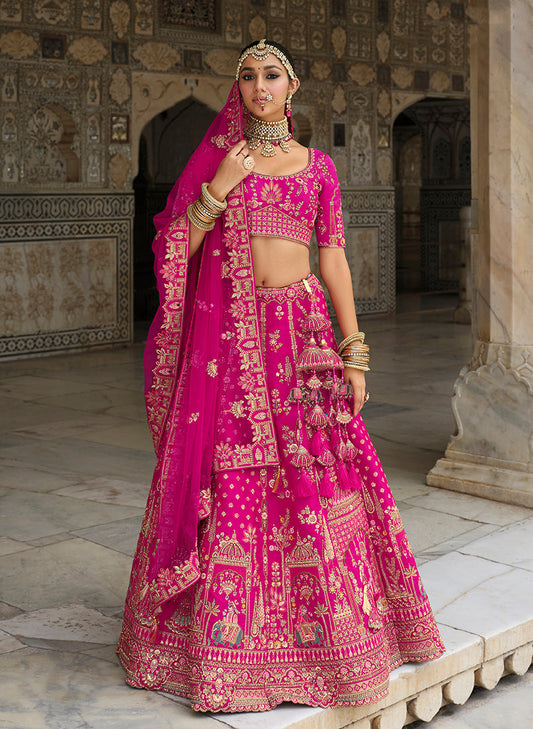 Monjolika Fashion Magenta Pink Khatli Embroidered Silk Blend Bridal Lehenga Choli