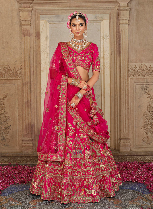 Monjolika Fashion Rani Pink Khatli Embroidered Silk Blend Bridal Lehenga Choli
