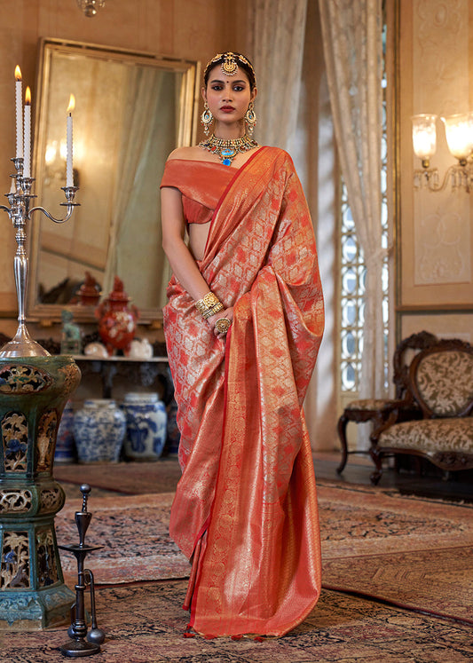 Monjolika Fashion Kanjivaram Silk Blend Classic Saree with Woven Work for Women in Orange