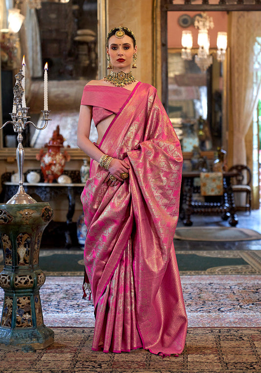 Monjolika Fashion Kanjivaram Silk Blend Classic Saree with Woven Work for Women in Pink