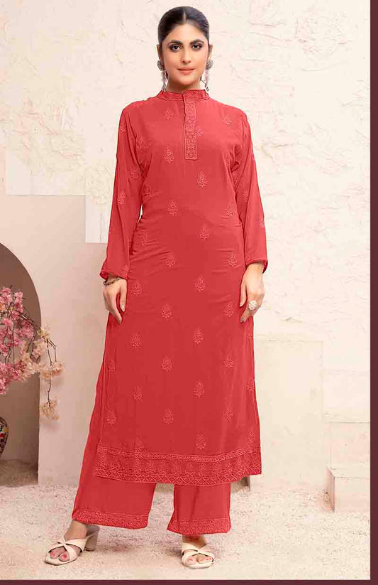 Monjolika Fashion Light Red Georgette Embroidered Work Party Pant Style Suit