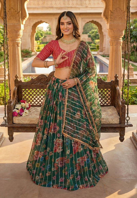 Monjolika Fashion Dark Green Floral Printed Embroidered Organza Lehenga Choli