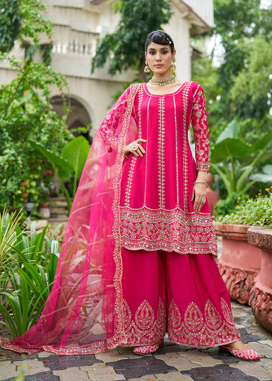 Monjolika Fashion Rani Pink Embroidered Chinnon Readymade Palazzo Kameez for Festival