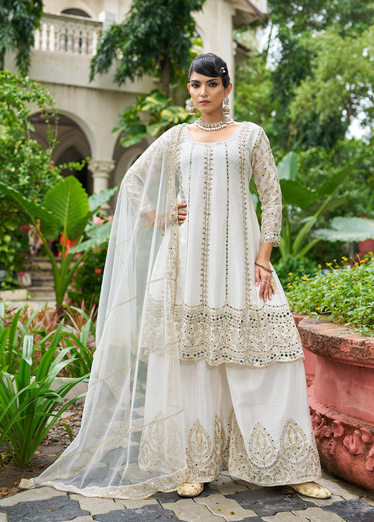 Monjolika Fashion White Embroidered Chinnon Readymade Palazzo Kameez for Festival