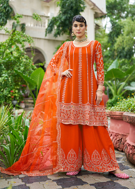 Monjolika Fashion Orange Embroidered Chinnon Readymade Palazzo Kameez for Festival