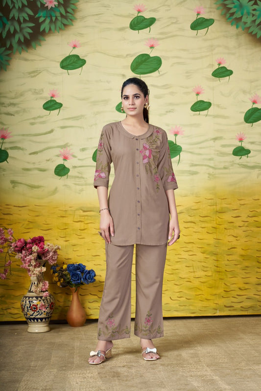 Pramukh Fab Brown Color Rayon Co-ords Set