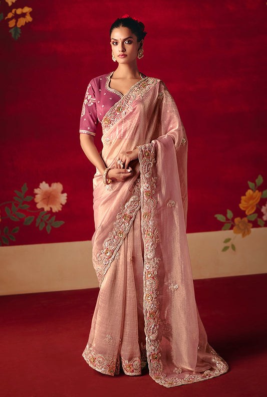 Monjolika Fashion Light Pink Fancy Fabric Embroidered Thread Work Classic Saree