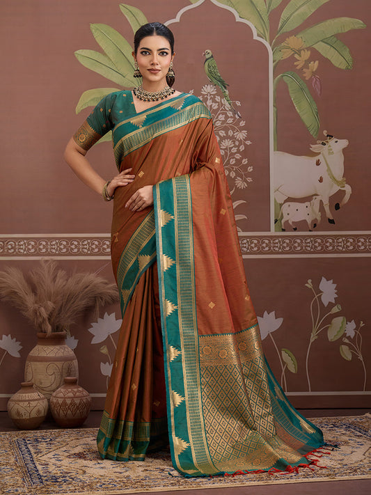 Monjolika Fashion Rust Weaving Work Tussar Silk Festival Contemporary Saree