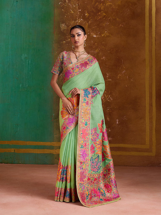 Monjolika Fashion Light Green Cotton Blend Weaving Contemporary Saree