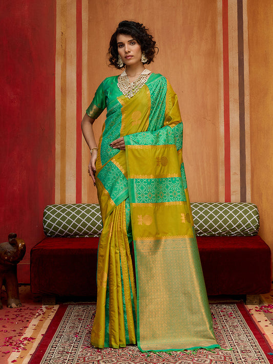 Monjolika Fashion Multi Colour Handloom Silk Blend Contemporary Saree With Weaving Work