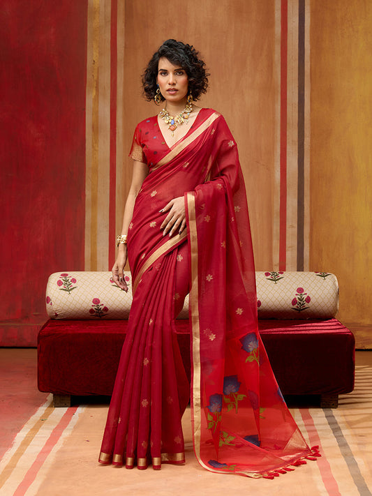 Monjolika Fashion Red Handloom Cotton Blend Weaving Classic Saree