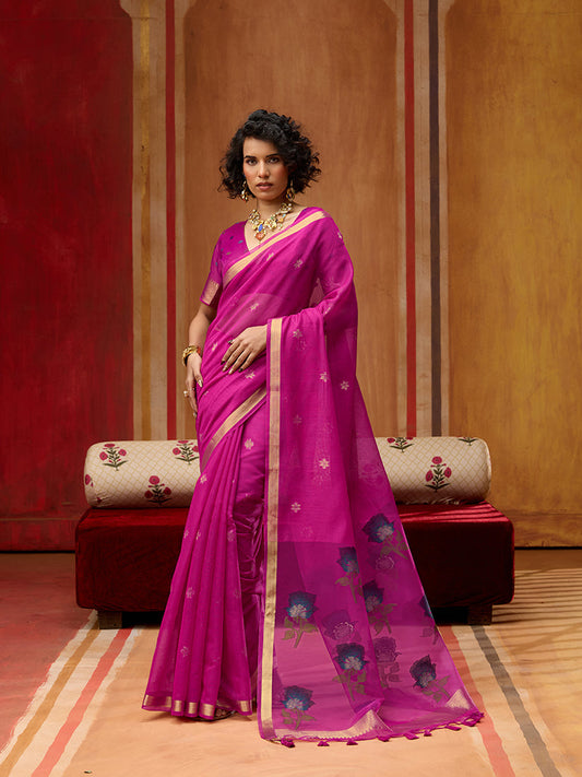 Monjolika Fashion Magenta Handloom Cotton Blend Weaving Classic Saree