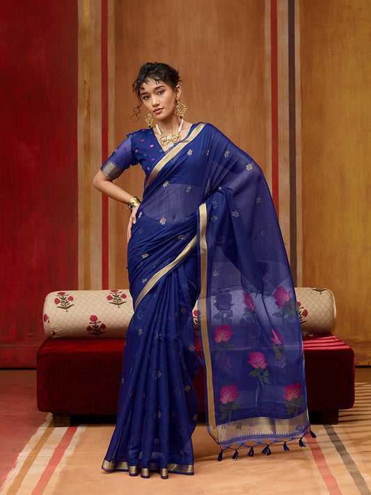 Monjolika Fashion Navy Blue Handloom Cotton Blend Weaving Classic Saree