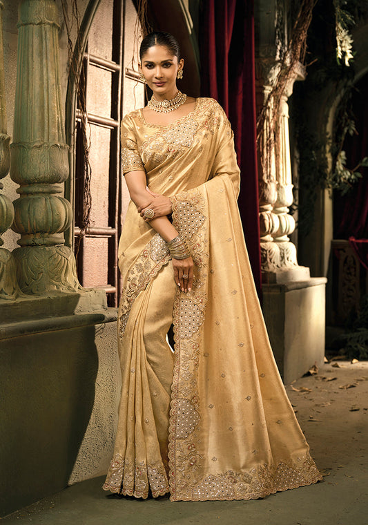 Monjolika Fashion Beige Silk Blend Wedding Saree With Cut Dana, Embroidered, Moti And Zari Work