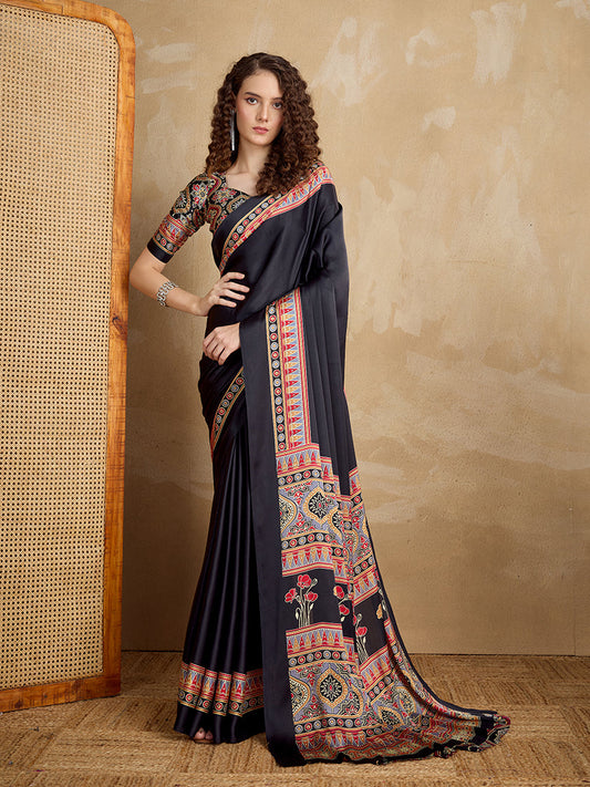 Monjolika Fashion Black Printed Satin Saree