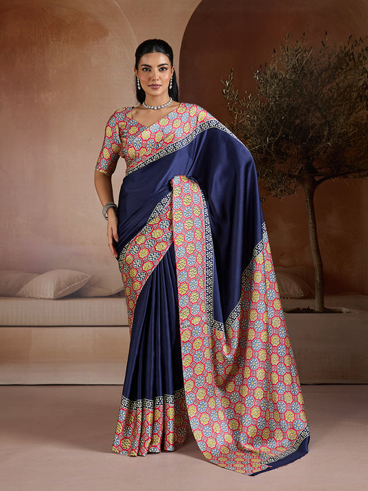 Monjolika Fashion Navy Blue Printed Satin Saree