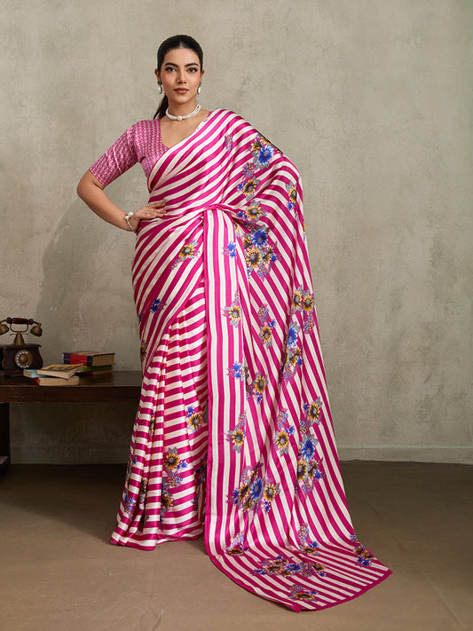 Monjolika Fashion Hot Pink Printed Satin Saree