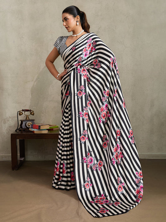 Monjolika Fashion Black Printed Satin Saree