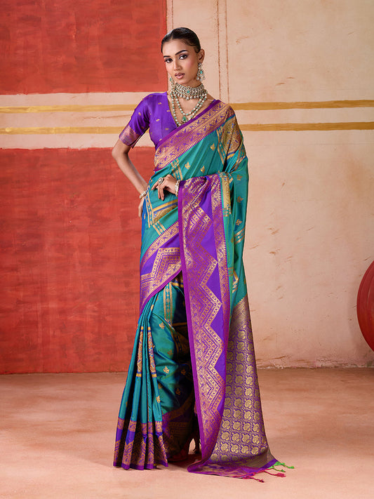 Monjolika Fashion Silk Blend woven Work Teal Saree
