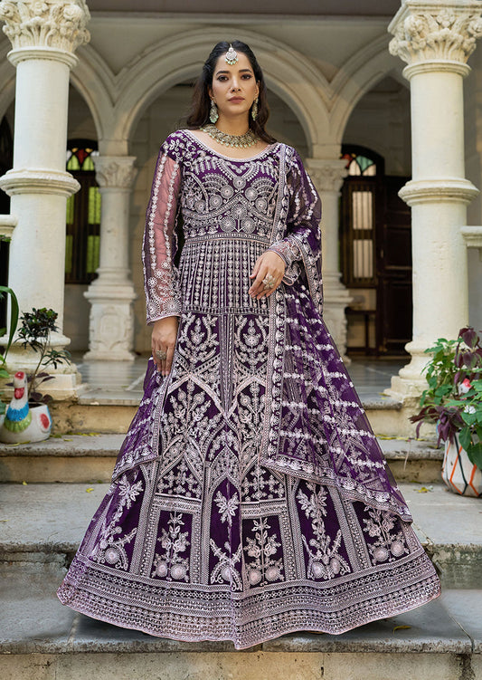 Monjolika Fashion Purple Embroidered Net Gown with Dupatta