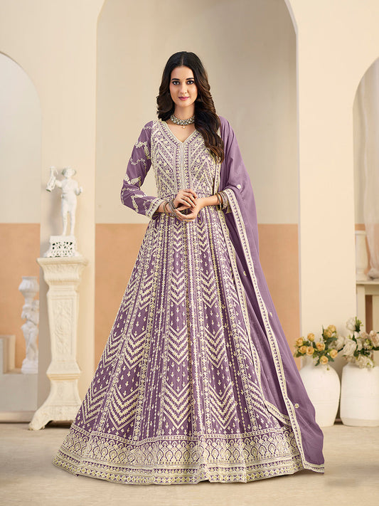 Monjolika Fashion Faux Georgette Embroidered Light Purple Anarkali Salwar Kameez