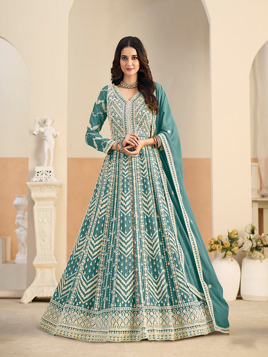 Monjolika Fashion Faux Georgette Embroidered Turquoise Anarkali Salwar Kameez
