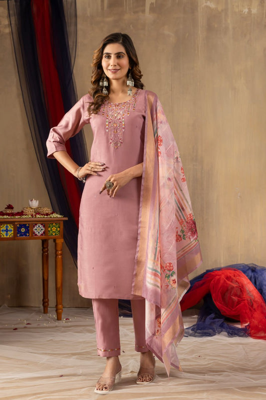 Pramukh Fab Onion Pink Shimmer Gold Silk Color Kurta Set