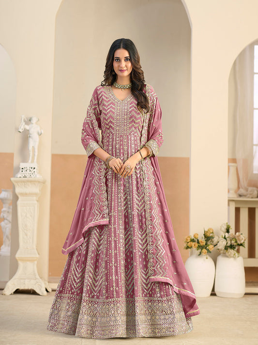 Monjolika Fashion Faux Georgette Pink Embroidered Anarkali Salwar Kameez